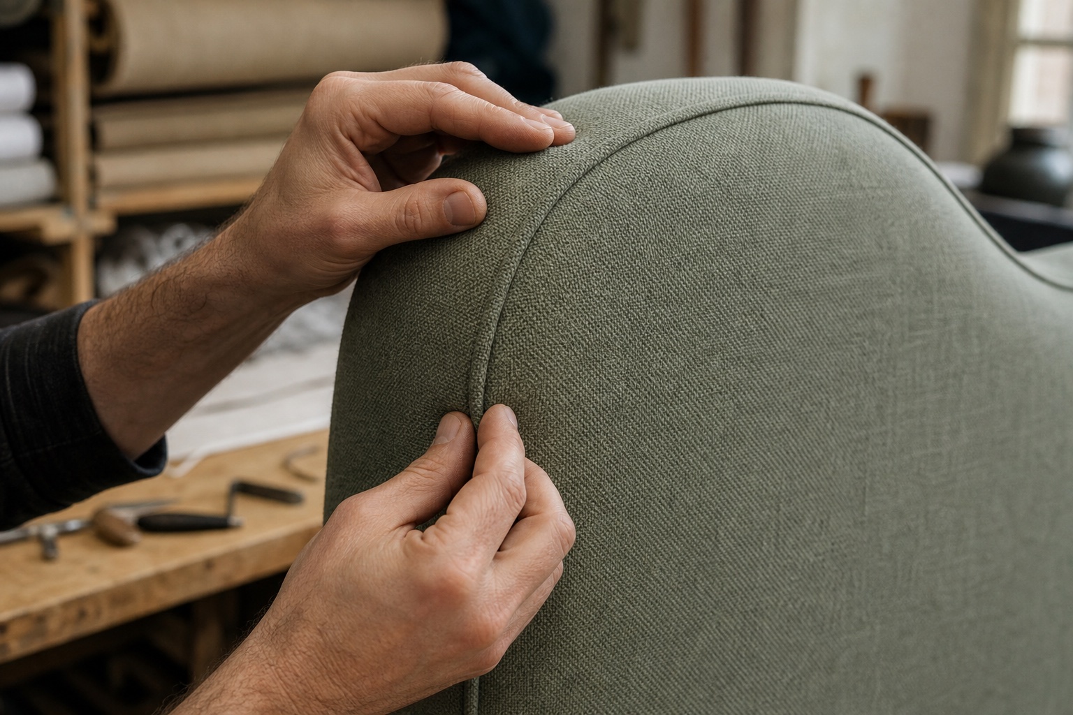 Artesão a verificar o debrum de uma cabeceira estofada verde